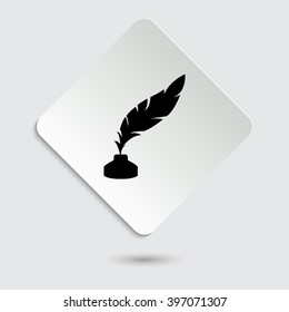 feather and ink bottle - black vector icon  on a paper button