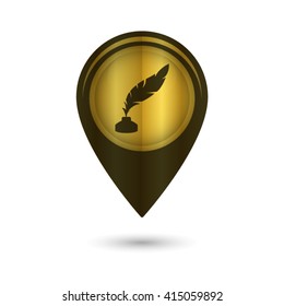 feather and ink bottle - black vector icon; golden  map pointer