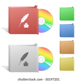 Feather and ink bottle. Box with compact disc.