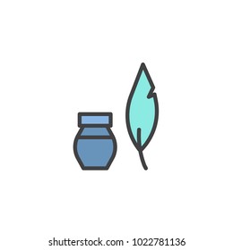 Feather ink bottle filled outline icon, line vector sign, linear colorful pictogram isolated on white. Writing symbol, logo illustration. Pixel perfect vector graphics