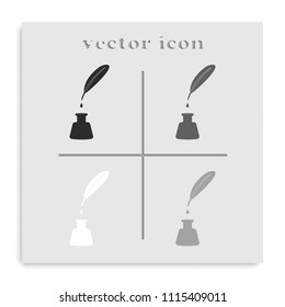 Feather and ink bottle flat black and white vector icon.