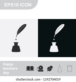 Feather and ink bottle flat black and white vector icon.