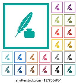 Feather and ink bottle flat color icons with quadrant frames on white background