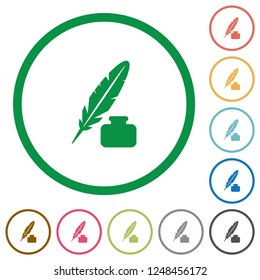 Feather and ink bottle flat color icons in round outlines on white background