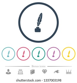 Feather in ink bottle flat color icons in round outlines. 6 bonus icons included.