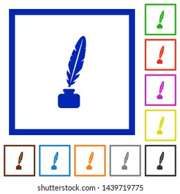 Feather in ink bottle flat color icons in square frames on white background