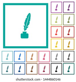 Feather in ink bottle flat color icons with quadrant frames on white background