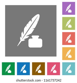 Feather and ink bottle flat icons on simple color square backgrounds