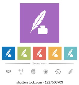 Feather and ink bottle flat white icons in square backgrounds. 6 bonus icons included.