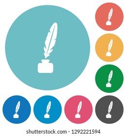 Feather in ink bottle flat white icons on round color backgrounds