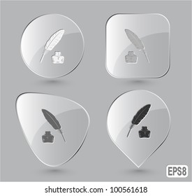 Feather and ink bottle. Glass buttons. Vector illustration.