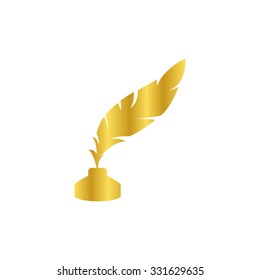 feather and ink bottle - gold vector icon
