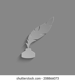 feather and ink bottle icon with shadow on a grey background