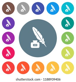 Feather and ink bottle with label flat white icons on round color backgrounds. 17 background color variations are included.