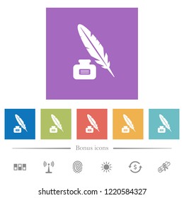 Feather and ink bottle with label flat white icons in square backgrounds. 6 bonus icons included.