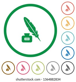 Feather and ink bottle with label flat color icons in round outlines on white background