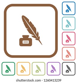 Feather and ink bottle with label simple icons in color rounded square frames on white background