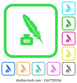 Feather and ink bottle with label vivid colored flat icons in curved borders on white background