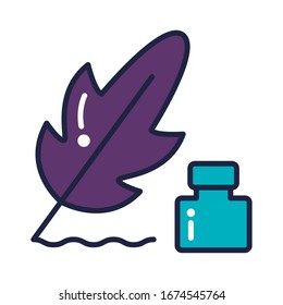 feather and ink bottle line and fill style vector illustration design