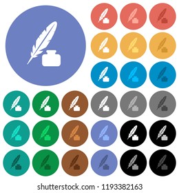 Feather and ink bottle multi colored flat icons on round backgrounds. Included white, light and dark icon variations for hover and active status effects, and bonus shades.