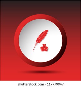 Feather and ink bottle. Plastic button. Vector illustration.