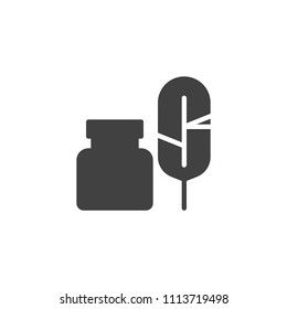Feather with Ink Bottle vector icon. filled flat sign for mobile concept and web design. Quill Pen and inkwell simple solid icon. Symbol, logo illustration. Pixel perfect vector graphics