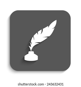 feather and ink bottle  - vector icon with shadow on a grey button