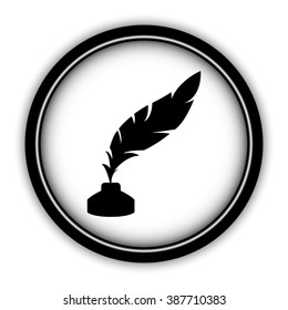 feather and ink bottle - vector icon; round  button with shadow