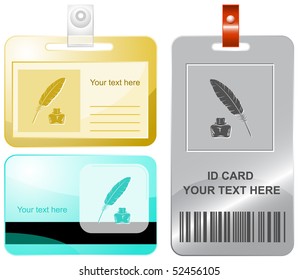 Feather and ink bottle. Vector id cards.