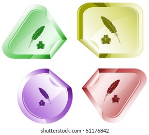 Feather and ink bottle. Vector sticker.