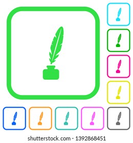Feather in ink bottle vivid colored flat icons in curved borders on white background