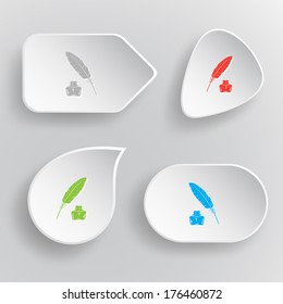 Feather and ink bottle. White flat vector buttons on gray background.