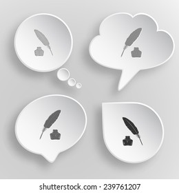 Feather and ink bottle. White flat vector buttons on gray background.