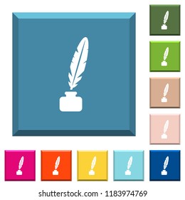 Feather in ink bottle white icons on edged square buttons in various trendy colors