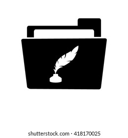 feather and ink bottle - white vector icon;  black folder
