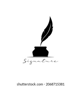 Feather with ink. Inkwell and feather logo on white background