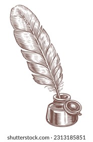 Feather with ink. Inkwell and quill dip pen in vintage engraving style. Hand drawn sketch vector illustration