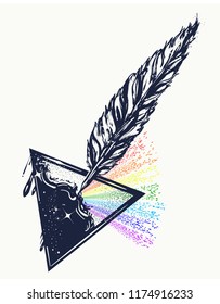 Feather and ink tattoo. Triangular prism breaks white light ray into rainbow spectral colors. Symbol of art, creative, dream, imagination t-shirt design 