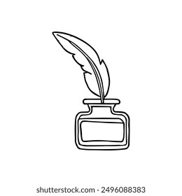 Feather in Ink Well, Hand-Drawn Vector, Graphic Style, Cartoon Illustration, Black and White, Sketch Style, Isolated on White Background