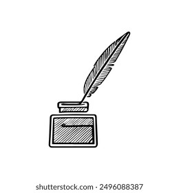 Feather in Ink Well, Hand-Drawn Vector, Graphic Style, Cartoon Illustration, Black and White, Sketch Style, Isolated on White Background