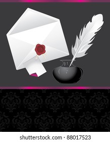 Feather, inks and envelope with wax seal. Decorative banner. Vector