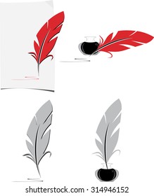 Feather and inkwell. Elements for the literary design. Vector