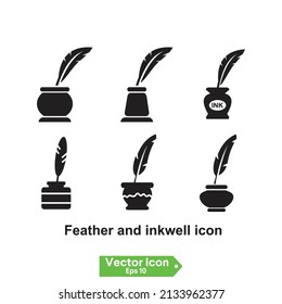 feather and inkwell icon. Quill pen with inkwell black vector icon. Feather with ink bottle or well symbol.