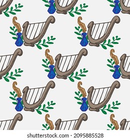 Feather, inkwell and lyra vector seamless pattern