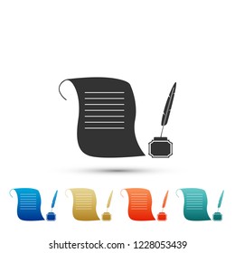 Feather in the inkwell and paper scroll icon isolated on white background. Set elements in colored icons. Flat design. Vector Illustration