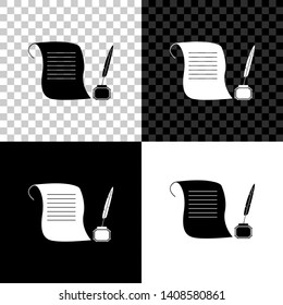 Feather in the inkwell and paper scroll icon isolated on black, white and transparent background. Vector Illustration