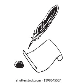 feather inkwell sheet of paper vector sketch
