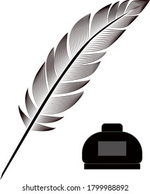 Feather and inkwell. Vector in black color writing pen and inkwell.