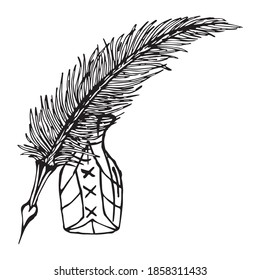 Feather and inkwell. Vector illustration of pen for ink calligraphy.
