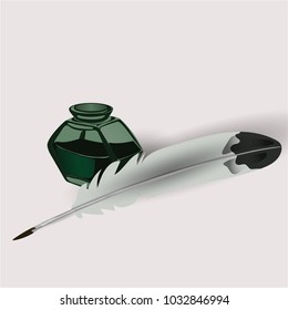 Feather and inkwell white background
